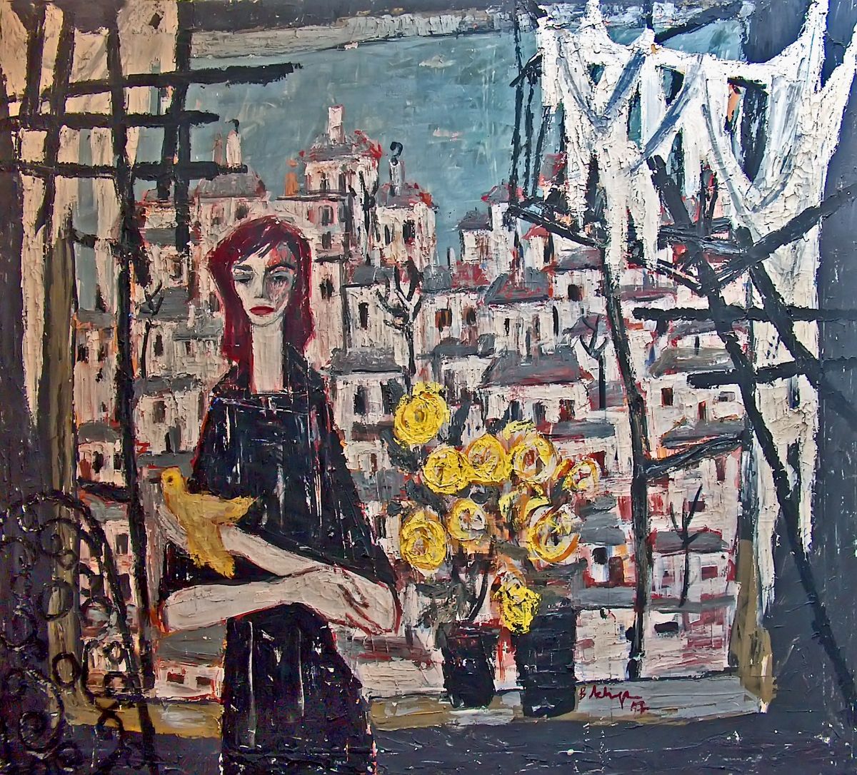 Devojka s pticom (1957),   ulje na platnu, 165h180 cm, inv. br. LU/683, poklon Zagorke Isaković