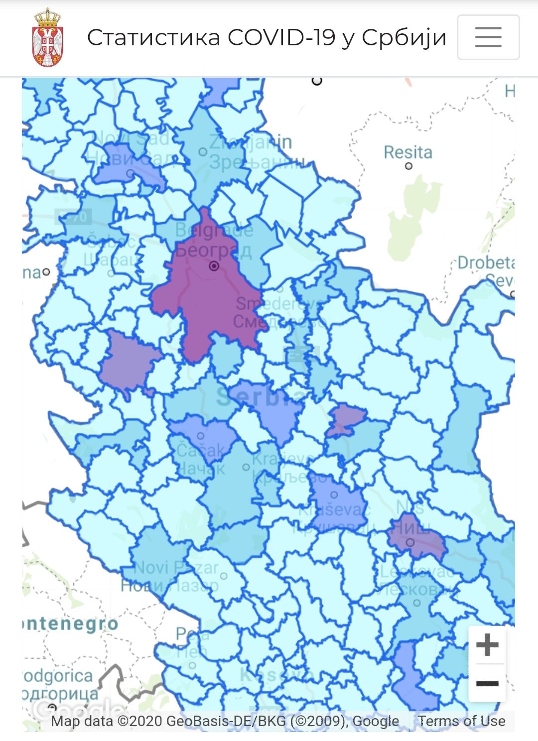 Број заражених особа у градовима Србије
