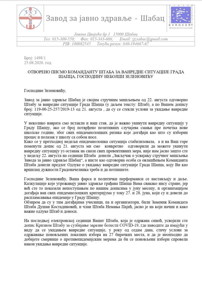 ОТВОРЕНО ПИСМО КОМАНДАНТУ ШТАБА ЗА ВАНРЕДНЕ СИТУАЦИЈЕ ГРАДА ШАПЦА, ГОСПОДИНУ НЕБОЈШИ ЗЕЛЕНОВИЋУ