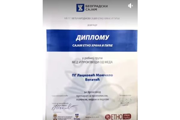 Diploma za kvalitet Poljoprivrednom gazdinstvu Momčila Lackovića