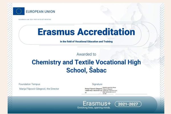Stručna hemijska i tehnička škola dobila dugoročnu akreditaciju za Erasmus+ projekte mobilnosti